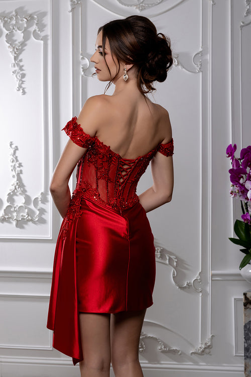 Off-Shoulder Beaded Corset Cocktail Mini Dress with Side Drape by May Queen MQ2213