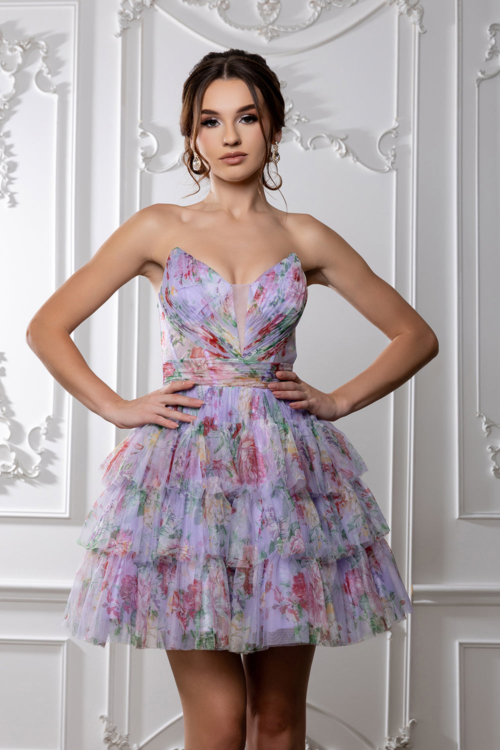 Floral Tiered Tulle Homecoming Dress Strapless Sweetheart Neckline Short Dress by May Queen MQ2214