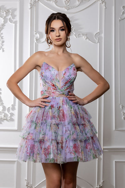 Floral Tiered Tulle Homecoming Dress Strapless Sweetheart Neckline Short Dress by May Queen MQ2214