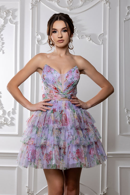 Floral Tiered Tulle Homecoming Dress Strapless Sweetheart Neckline Short Dress by May Queen MQ2214
