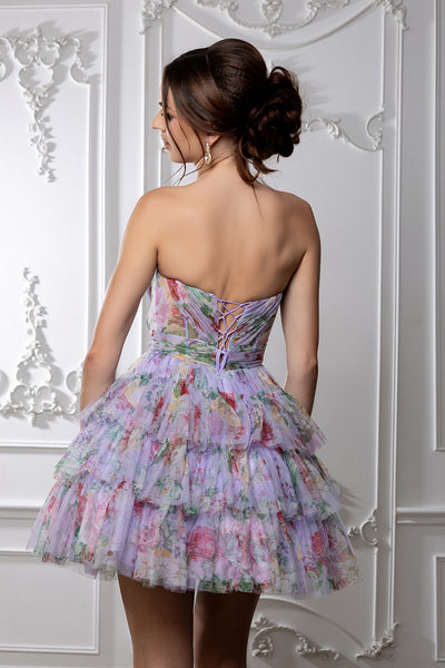Floral Tiered Tulle Homecoming Dress Strapless Sweetheart Neckline Short Dress by May Queen MQ2214