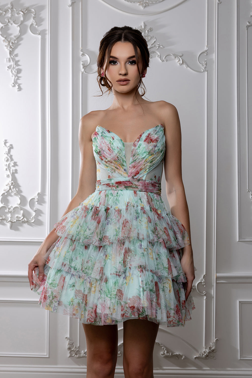 Floral Tiered Tulle Homecoming Dress Strapless Sweetheart Neckline Short Dress by May Queen MQ2214