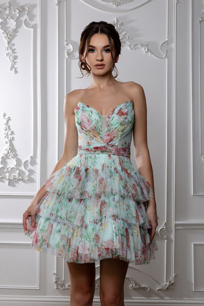 Floral Tiered Tulle Homecoming Dress Strapless Sweetheart Neckline Short Dress by May Queen MQ2214