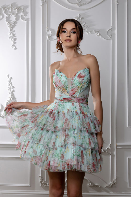 Floral Tiered Tulle Homecoming Dress Strapless Sweetheart Neckline Short Dress by May Queen MQ2214