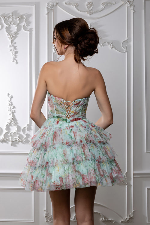 Floral Tiered Tulle Homecoming Dress Strapless Sweetheart Neckline Short Dress by May Queen MQ2214