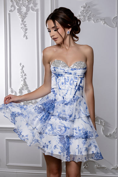 Sleeveless Floral Strapless Corset Short Dress with Tiered Ruffle Skirt by May Queen MQ2215