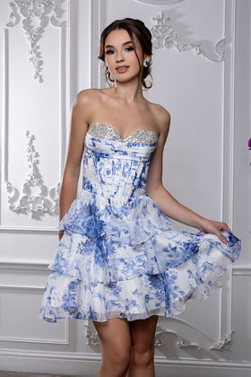Sleeveless Floral Strapless Corset Short Dress with Tiered Ruffle Skirt by May Queen MQ2215