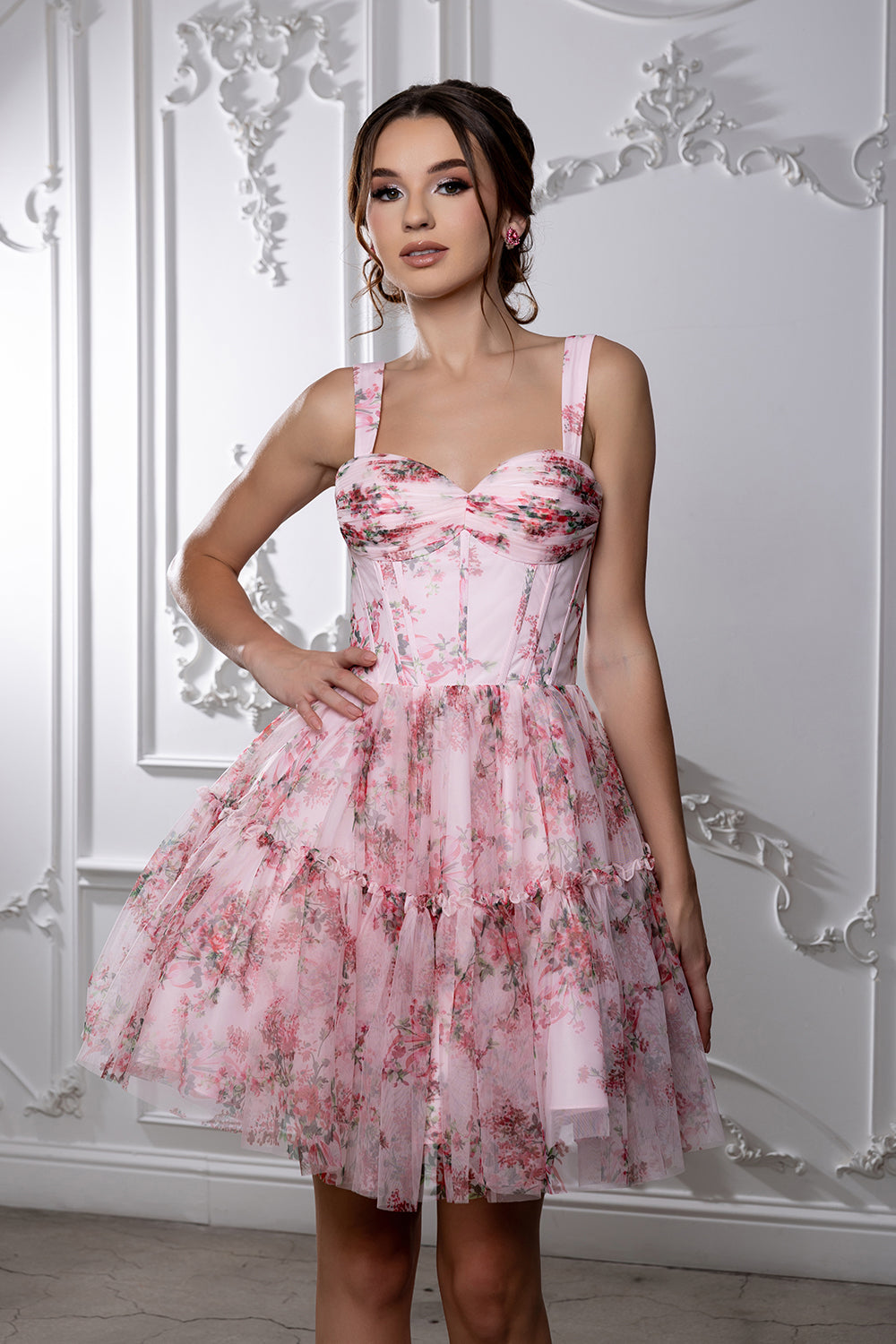 Sleeveless Floral Strapless Corset Short Dress with Tiered Ruffle Skirt by May Queen MQ2215
