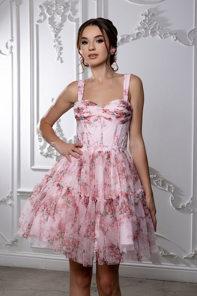 Sleeveless Floral Strapless Corset Short Dress with Tiered Ruffle Skirt by May Queen MQ2215