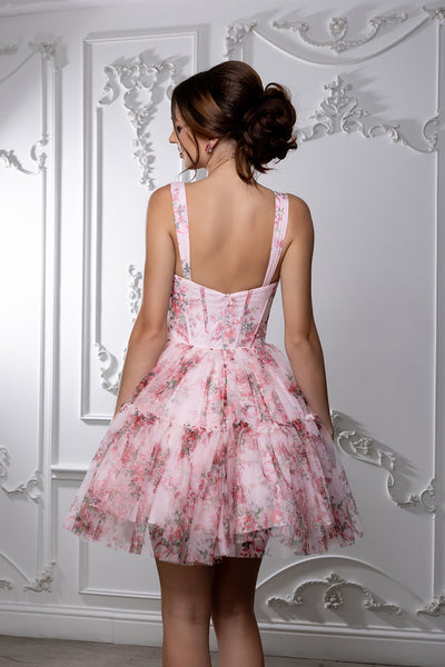 Sleeveless Floral Strapless Corset Short Dress with Tiered Ruffle Skirt by May Queen MQ2215