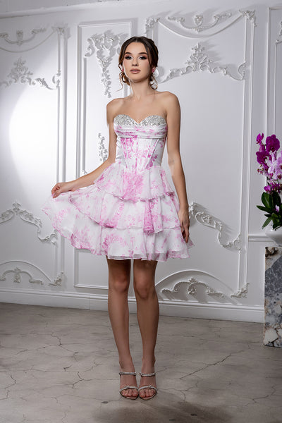 Sleeveless Floral Strapless Corset Short Dress with Tiered Ruffle Skirt by May Queen MQ2215
