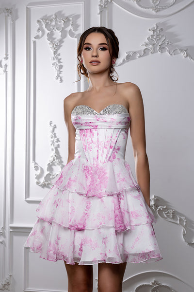 Sleeveless Floral Strapless Corset Short Dress with Tiered Ruffle Skirt by May Queen MQ2215