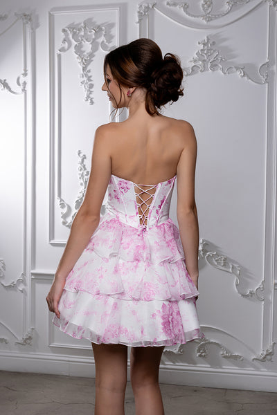 Sleeveless Floral Strapless Corset Short Dress with Tiered Ruffle Skirt by May Queen MQ2215