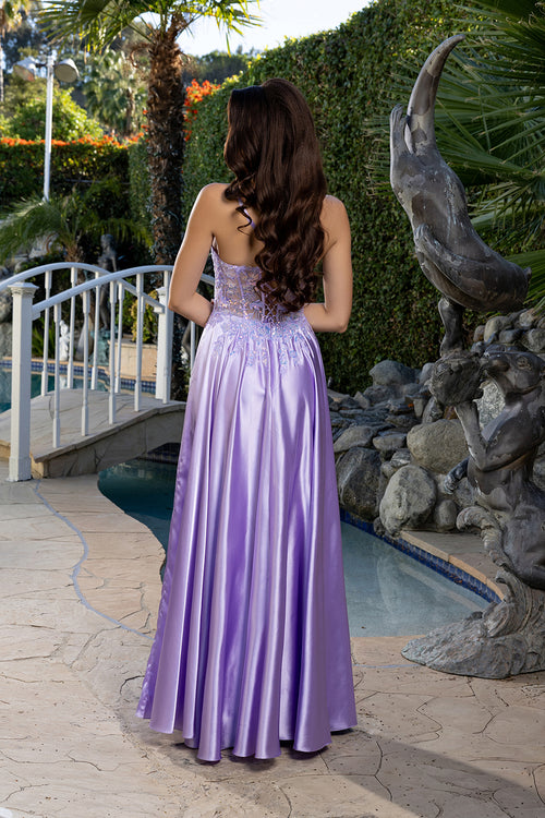 Satin A-Line Dress with Lace Appliqué Bodice & Lace-Up Back Spaghetti Strap by May Queen MQ2217