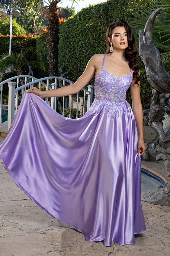 Satin A-Line Dress with Lace Appliqué Bodice & Lace-Up Back Spaghetti Strap by May Queen MQ2217