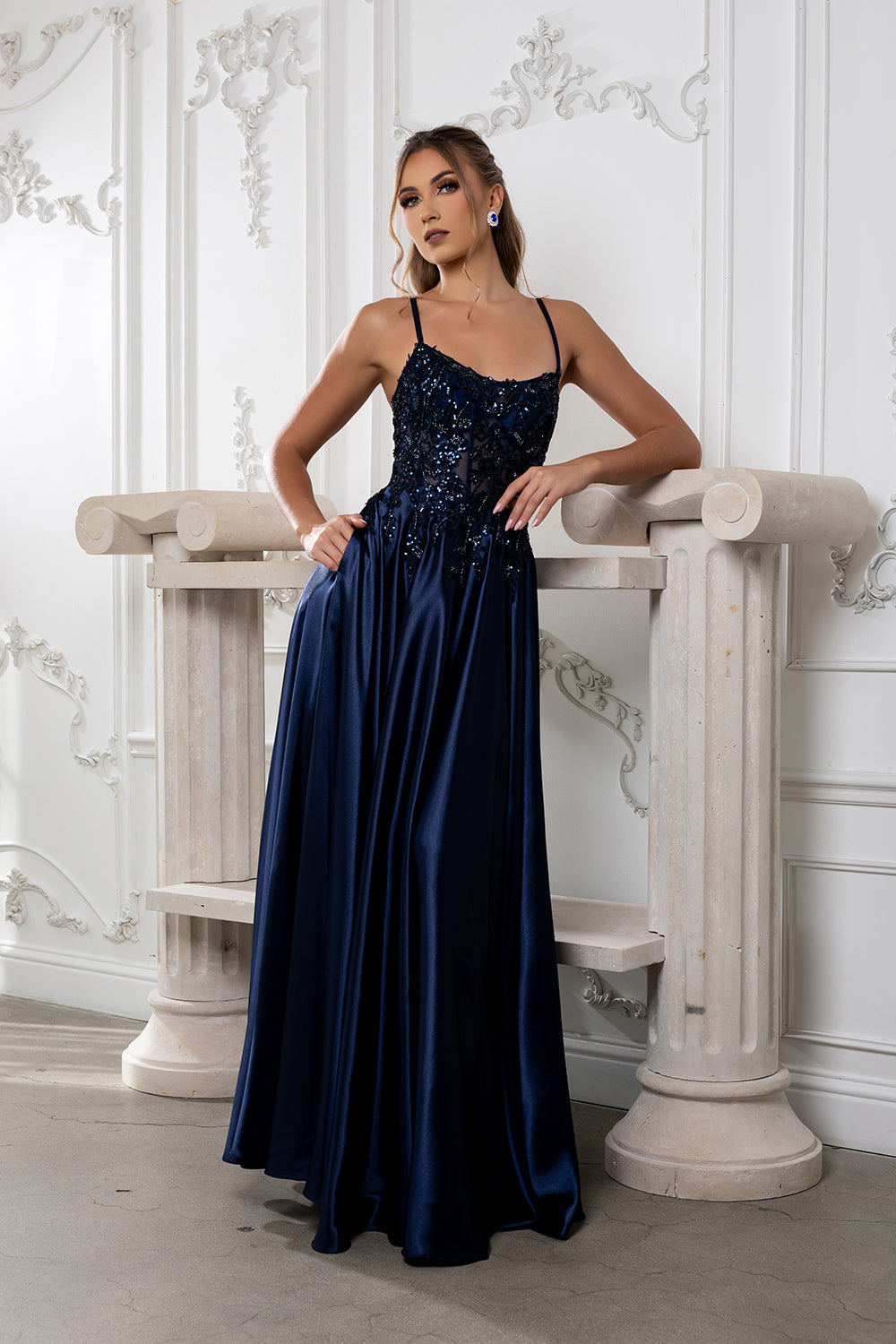 Satin A-Line Dress with Lace Appliqué Bodice & Lace-Up Back Spaghetti Strap by May Queen MQ2217