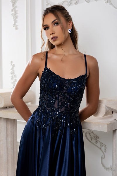Satin A-Line Dress with Lace Appliqué Bodice & Lace-Up Back Spaghetti Strap by May Queen MQ2217