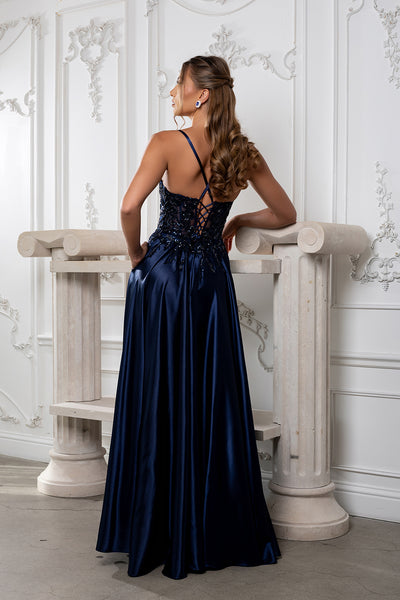 Satin A-Line Dress with Lace Appliqué Bodice & Lace-Up Back Spaghetti Strap by May Queen MQ2217