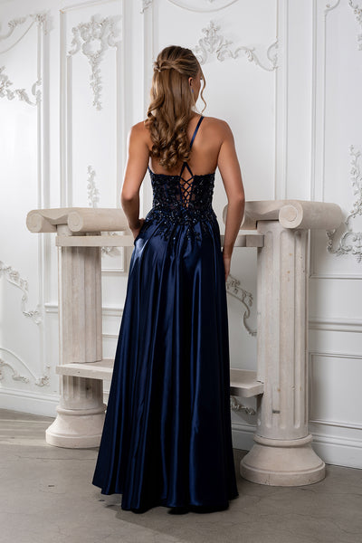 Satin A-Line Dress with Lace Appliqué Bodice & Lace-Up Back Spaghetti Strap by May Queen MQ2217