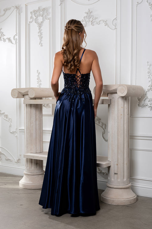 Satin A-Line Dress with Lace Appliqué Bodice & Lace-Up Back Spaghetti Strap by May Queen MQ2217