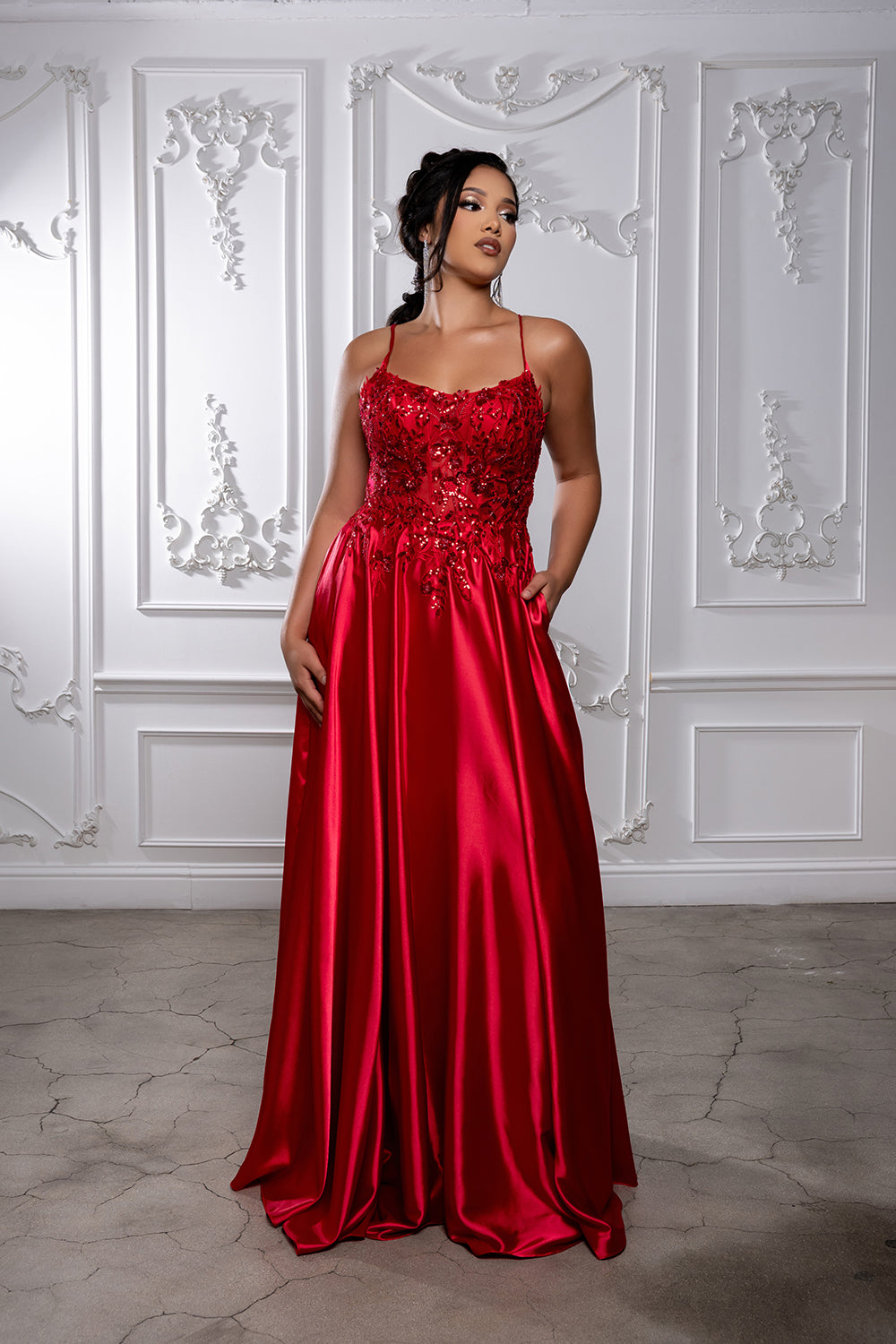 Satin A-Line Dress with Lace Appliqué Bodice & Lace-Up Back Spaghetti Strap by May Queen MQ2217