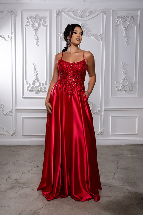 Satin A-Line Dress with Lace Appliqué Bodice & Lace-Up Back Spaghetti Strap by May Queen MQ2217