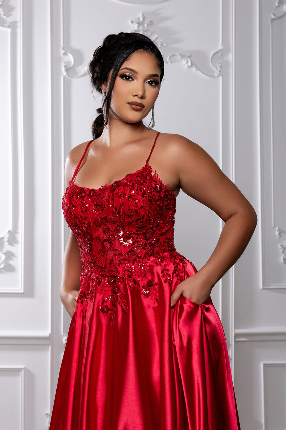 Satin A-Line Dress with Lace Appliqué Bodice & Lace-Up Back Spaghetti Strap by May Queen MQ2217