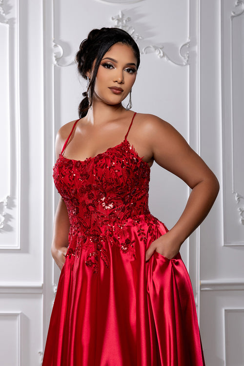Satin A-Line Dress with Lace Appliqué Bodice & Lace-Up Back Spaghetti Strap by May Queen MQ2217
