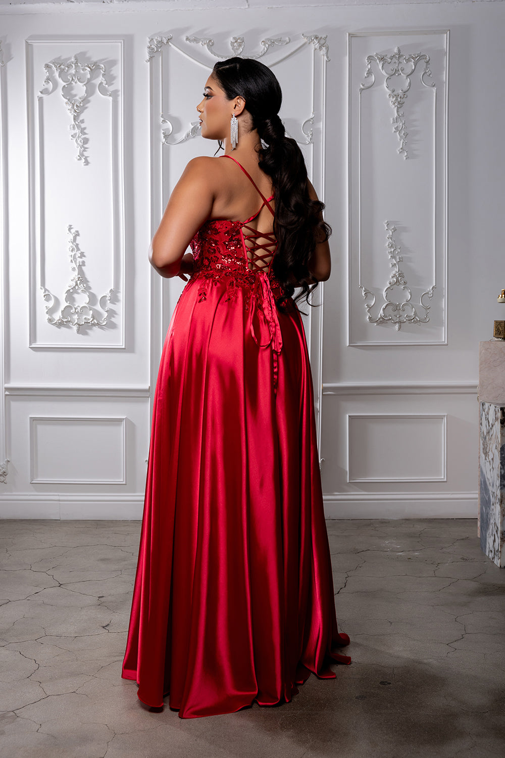 Satin A-Line Dress with Lace Appliqué Bodice & Lace-Up Back Spaghetti Strap by May Queen MQ2217