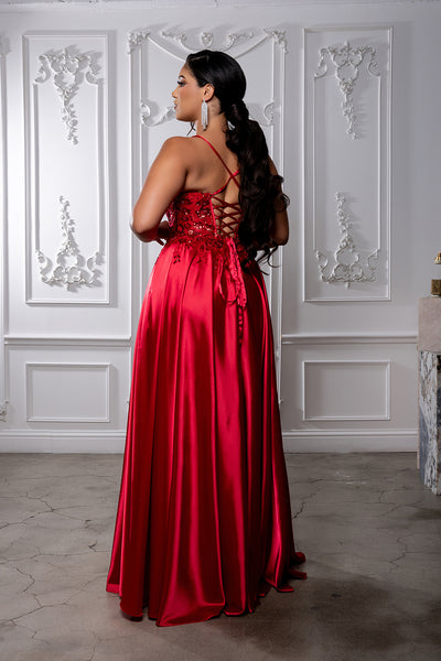 Satin A-Line Dress with Lace Appliqué Bodice & Lace-Up Back Spaghetti Strap by May Queen MQ2217
