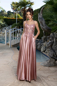 Satin A-Line Dress with Lace Appliqué Bodice & Lace-Up Back Spaghetti Strap by May Queen MQ2217