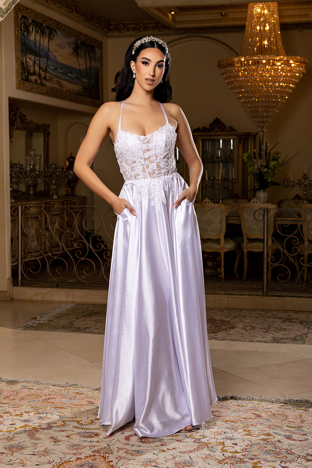 Satin Wedding Dress with Lace Corset Bodice A-Line Skirt & Lace-Up Back Gown by May Queen MQ2217