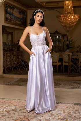 Satin Wedding Dress with Lace Corset Bodice A-Line Skirt & Lace-Up Back Gown by May Queen MQ2217