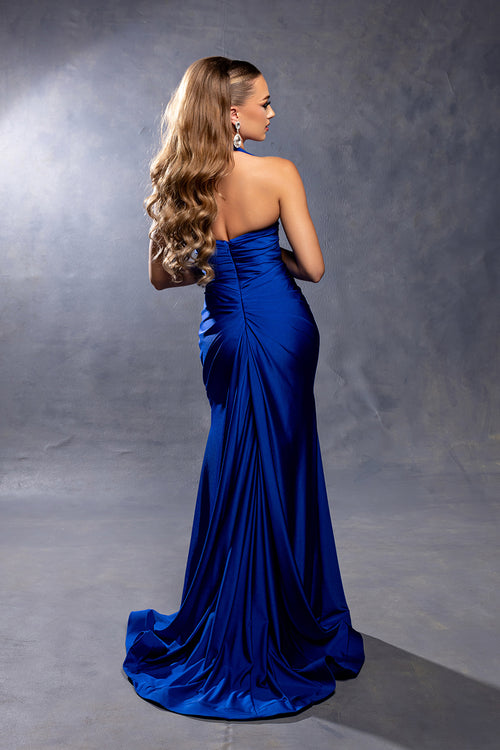 Halter Ruched Mermaid Prom Formal Evening Gown with Slit and Sweep Train by May Queen MQ2218