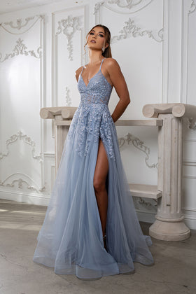 Lace Appliqué Tulle Prom Dress with Slit Spaghetti Strap A-Line Evening Gown by May Queen MQ2220