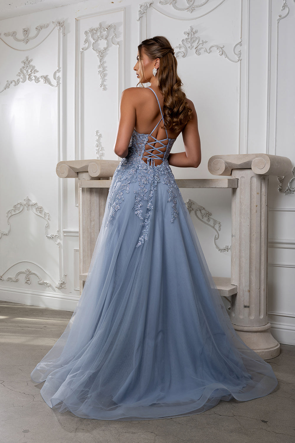 Lace Appliqué Tulle Prom Dress with Slit Spaghetti Strap A-Line Evening Gown by May Queen MQ2220