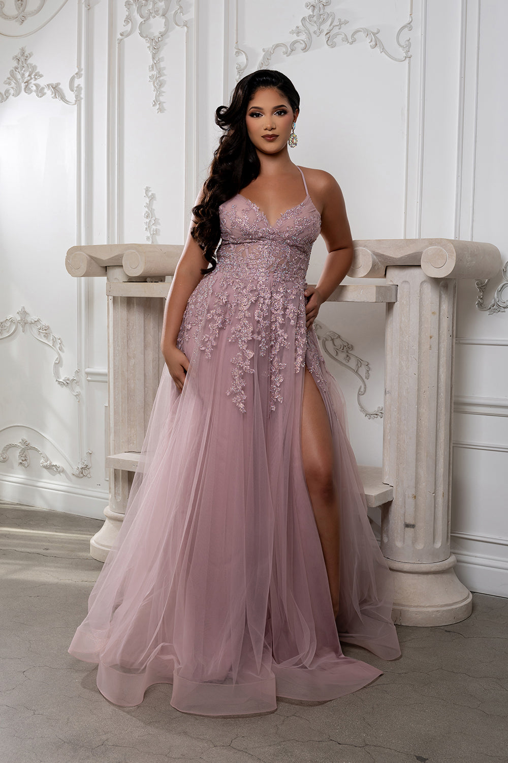 Lace Appliqué Tulle Prom Dress with Slit Spaghetti Strap A-Line Evening Gown by May Queen MQ2220