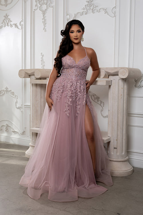 Lace Appliqué Tulle Prom Dress with Slit Spaghetti Strap A-Line Evening Gown by May Queen MQ2220
