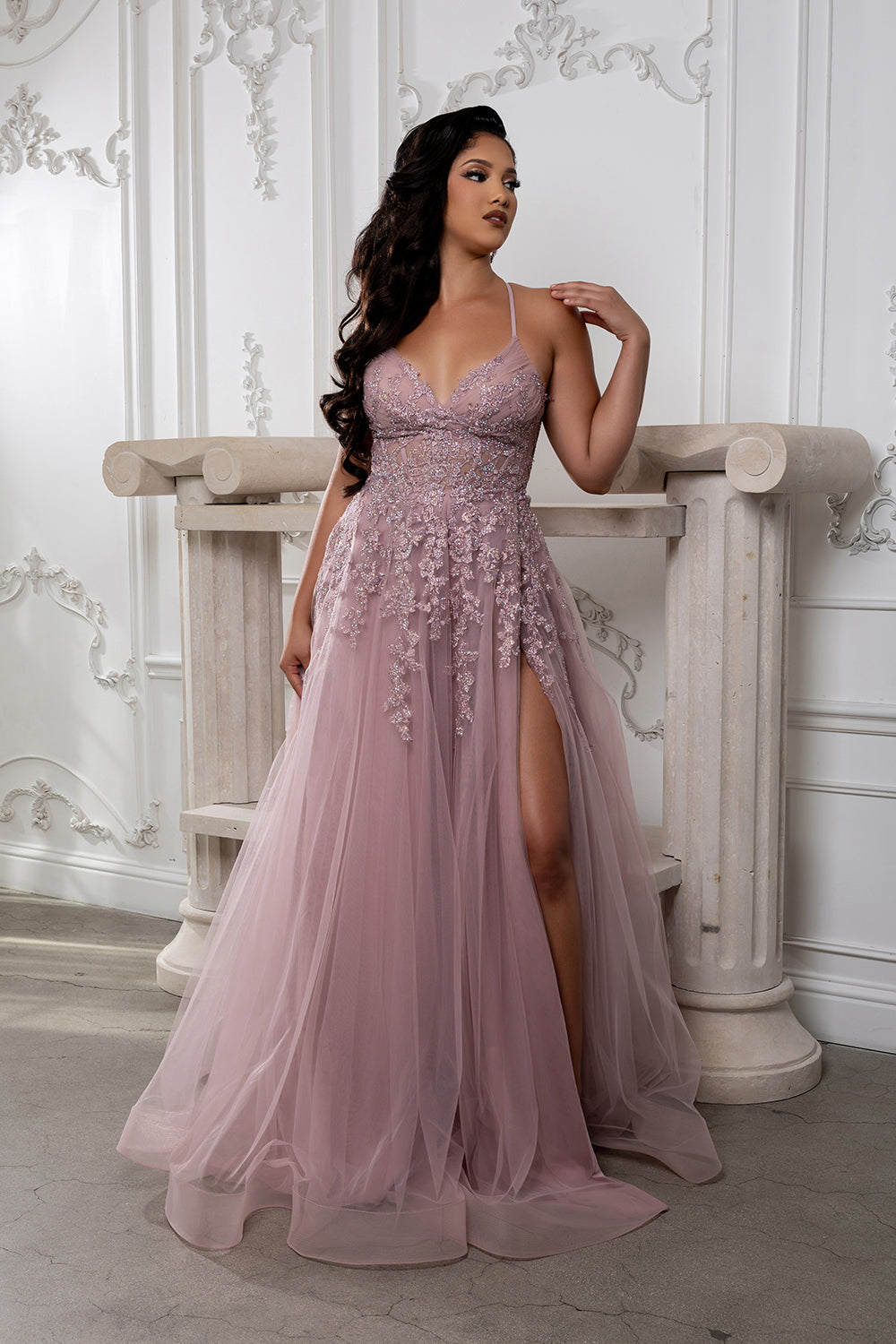 Lace Appliqué Tulle Prom Dress with Slit Spaghetti Strap A-Line Evening Gown by May Queen MQ2220