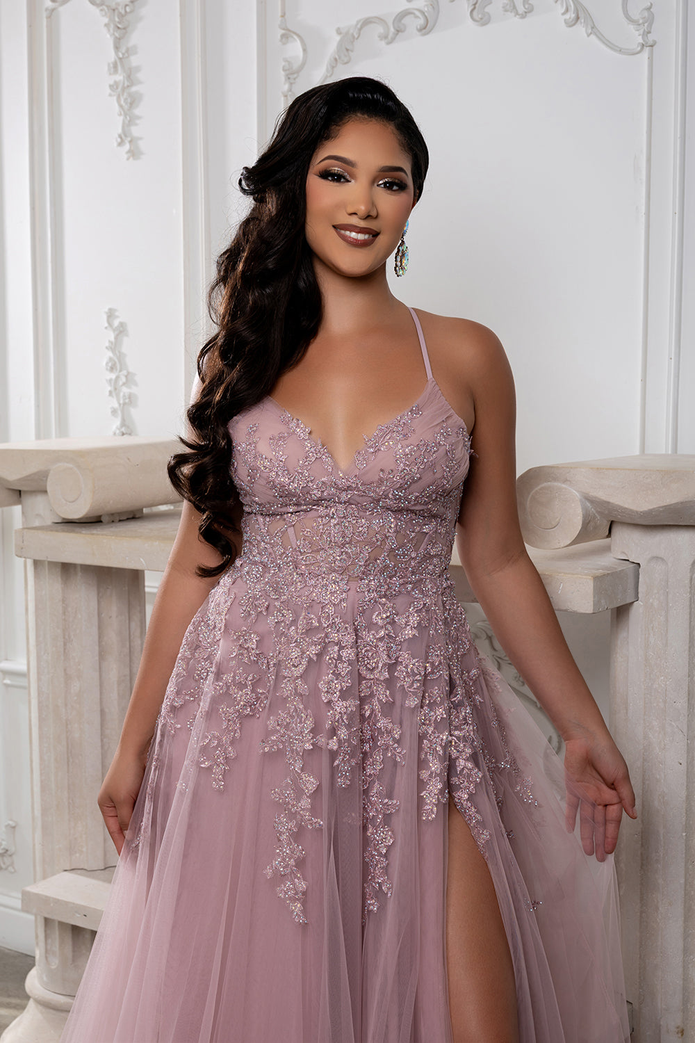 Lace Appliqué Tulle Prom Dress with Slit Spaghetti Strap A-Line Evening Gown by May Queen MQ2220