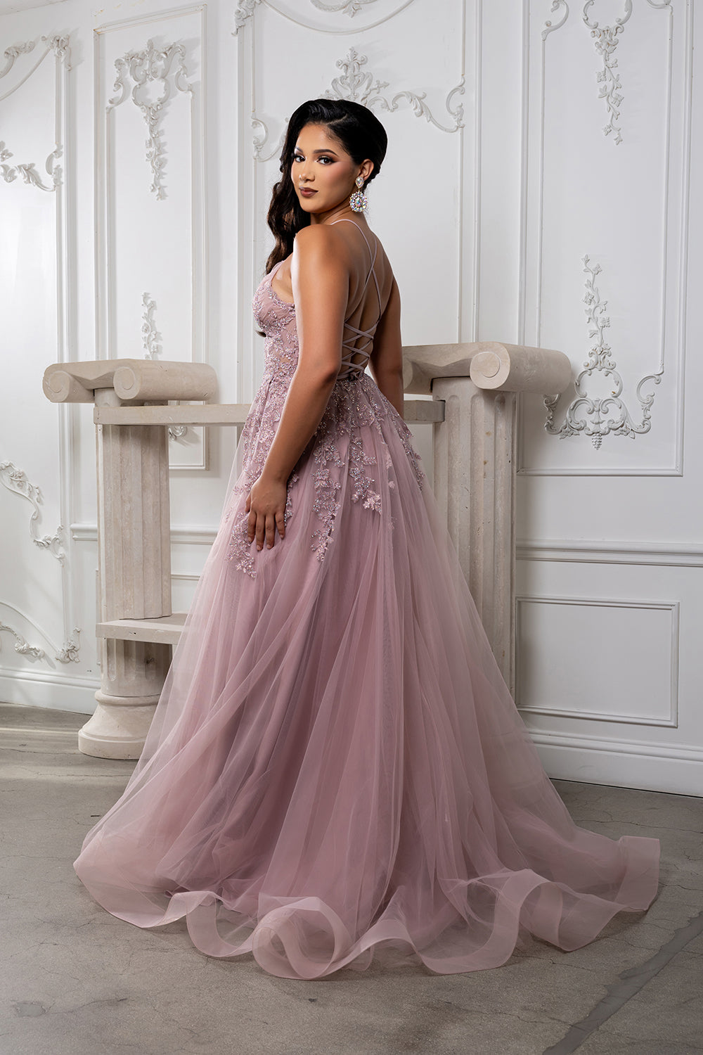 Lace Appliqué Tulle Prom Dress with Slit Spaghetti Strap A-Line Evening Gown by May Queen MQ2220