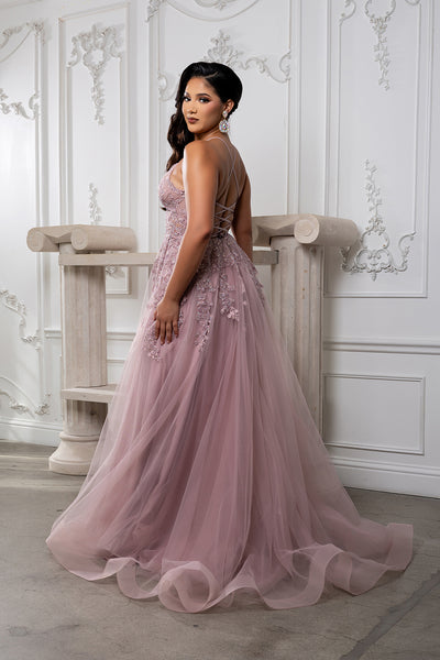 Lace Appliqué Tulle Prom Dress with Slit Spaghetti Strap A-Line Evening Gown by May Queen MQ2220