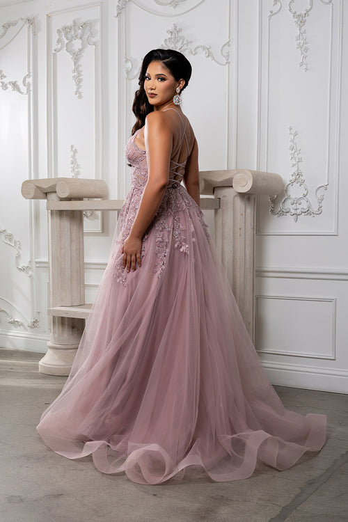 Lace Appliqué Tulle Prom Dress with Slit Spaghetti Strap A-Line Evening Gown by May Queen MQ2220
