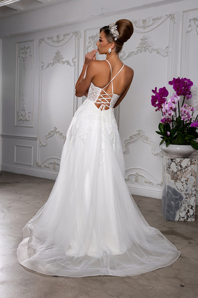 Spaghetti Strap A-Line Wedding Dress with Corset Back & High Slit Bridal Gown by May Queen MQ2220