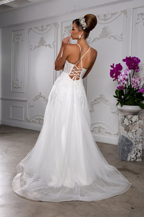 Spaghetti Strap A-Line Wedding Dress with Corset Back & High Slit Bridal Gown by May Queen MQ2220