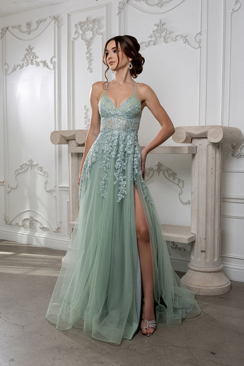 Lace Appliqué Tulle Prom Dress with Slit Spaghetti Strap A-Line Evening Gown by May Queen MQ2220