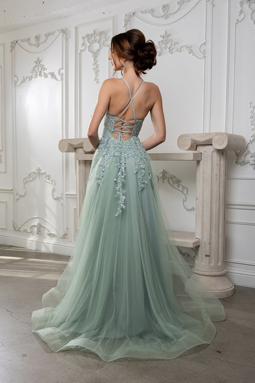 Lace Appliqué Tulle Prom Dress with Slit Spaghetti Strap A-Line Evening Gown by May Queen MQ2220