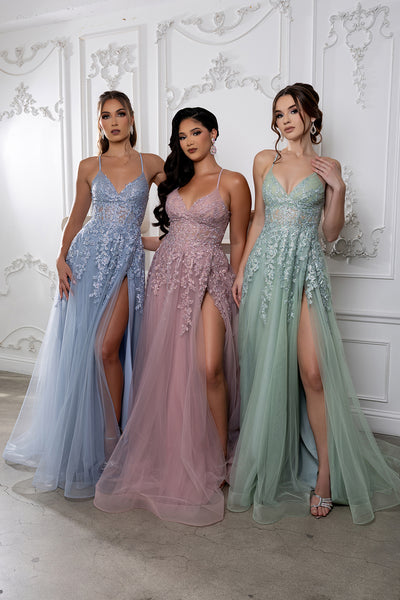 Lace Appliqué Tulle Prom Dress with Slit Spaghetti Strap A-Line Evening Gown by May Queen MQ2220