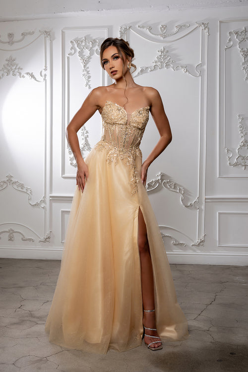 Strapless A-Line Corset Lace Appliqué Prom Dress with Slit Formal Evening Gown by May Queen MQ2222
