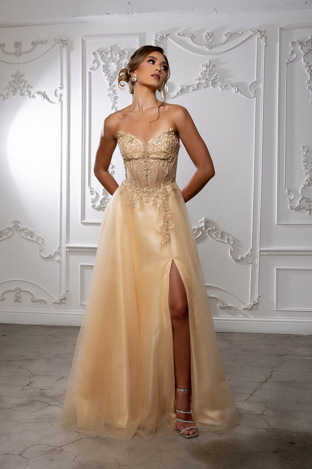 Strapless A-Line Corset Lace Appliqué Prom Dress with Slit Formal Evening Gown by May Queen MQ2222